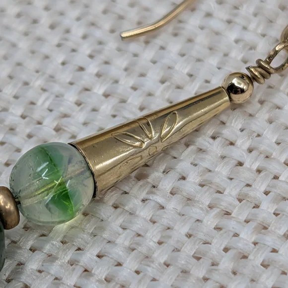 Vintage Handmade Green Glass Dangle Earrings | Boho Drop Style | Lightweight - Picture 9 of 14
